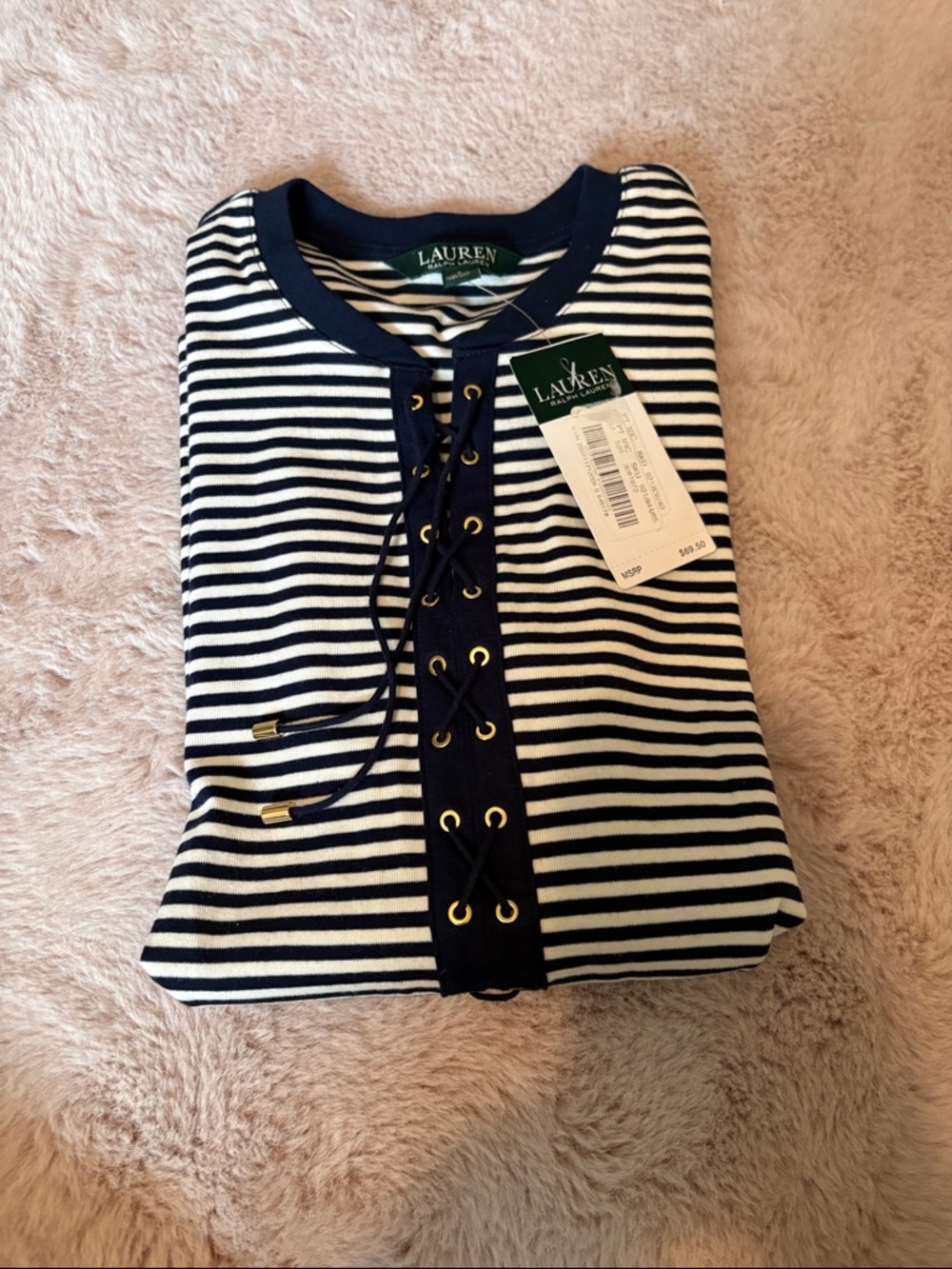 Lauren Ralph Lauren Navy and White Striped Lace-Up Knit Top